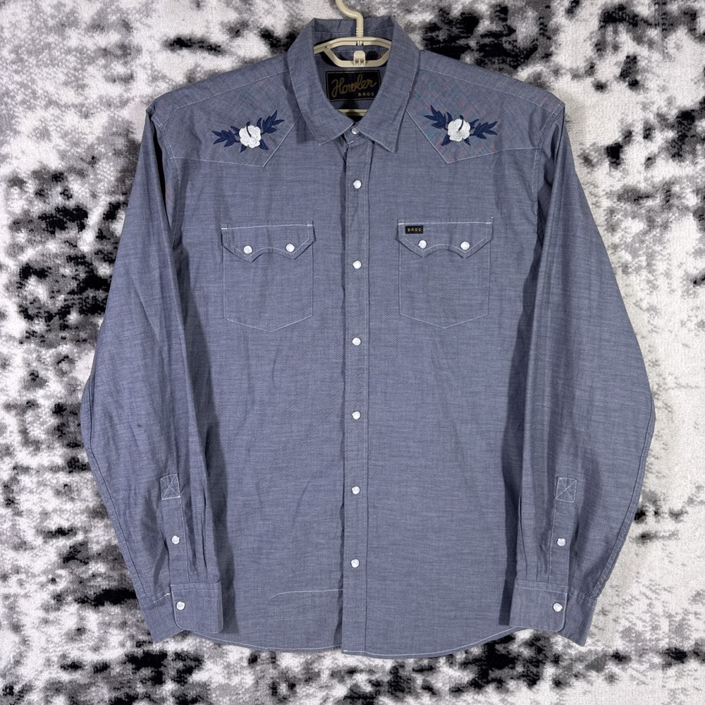 Howler Bros Shirt Mens Size Large Blue/Gray Embroidered Western Cowboy Rodeo